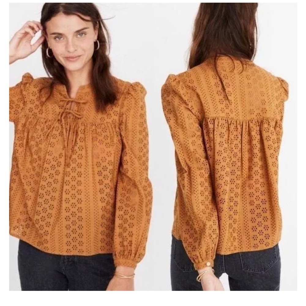 Madewell Eyelet Double-Tie Peasant Top Mustard Size S